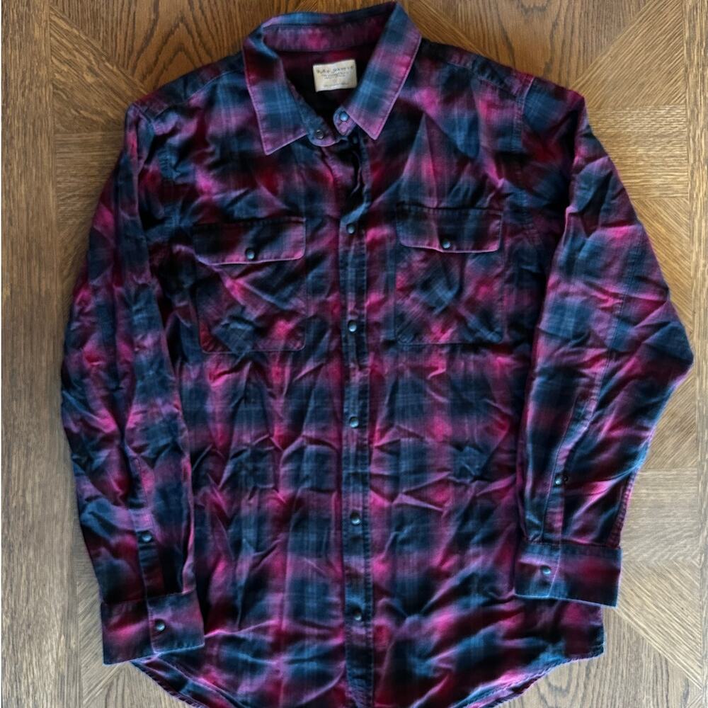 Nudie Jeans Co Mens Red Black Plaid Organic Cotton Flannel Shirt M
